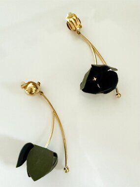 Black Flower Drop Clip-On Earrings